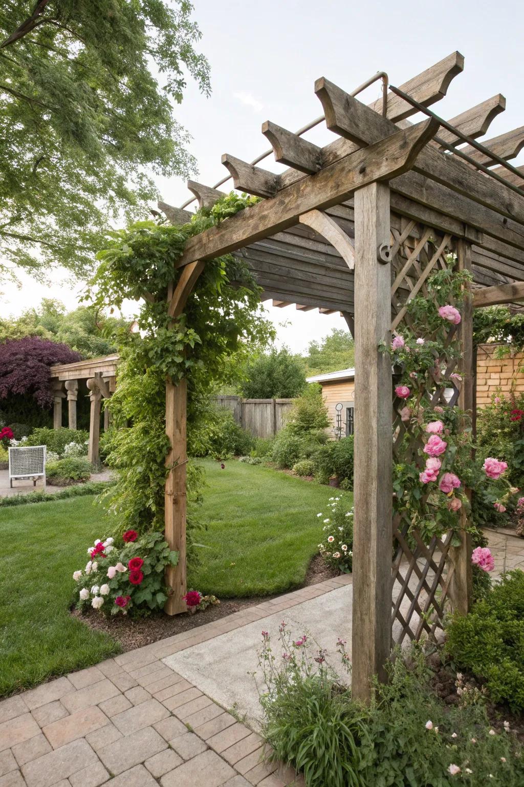 A rustic wooden pergola offers charm and shade.