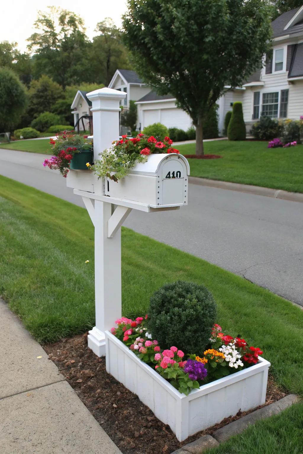Integrated planter box for a blooming mailbox post.