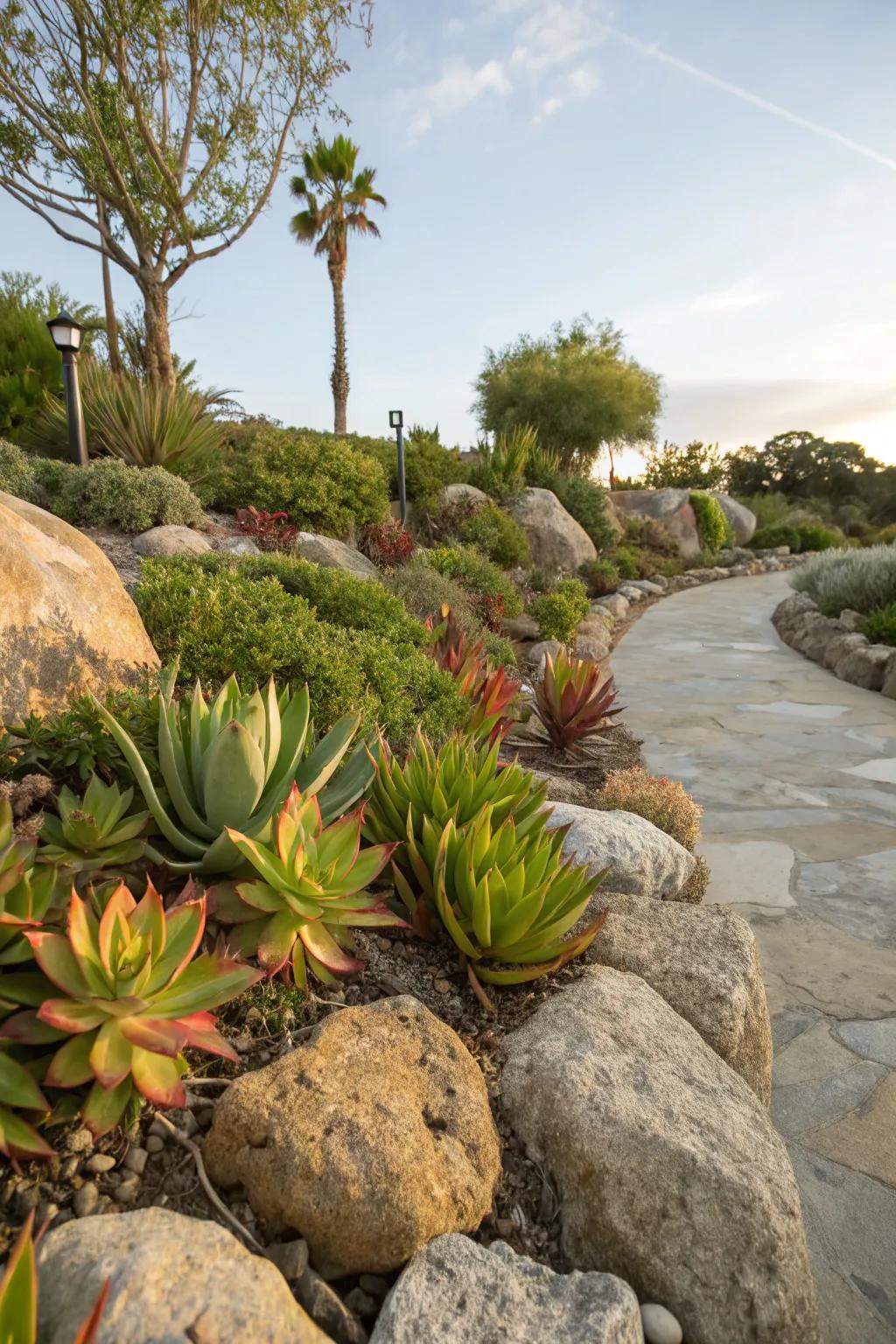 Succulents bring life to your rock landscape.