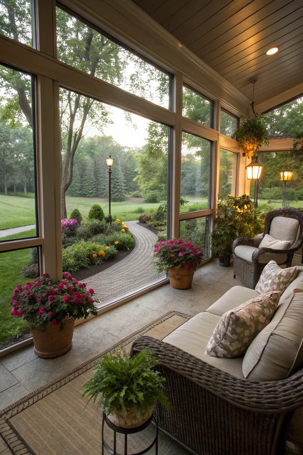 Screen porch seamlessly transitioning to an outdoor garden.