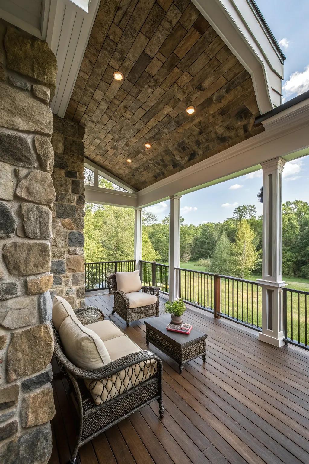 Unique screen porch with natural stone ceiling accents.