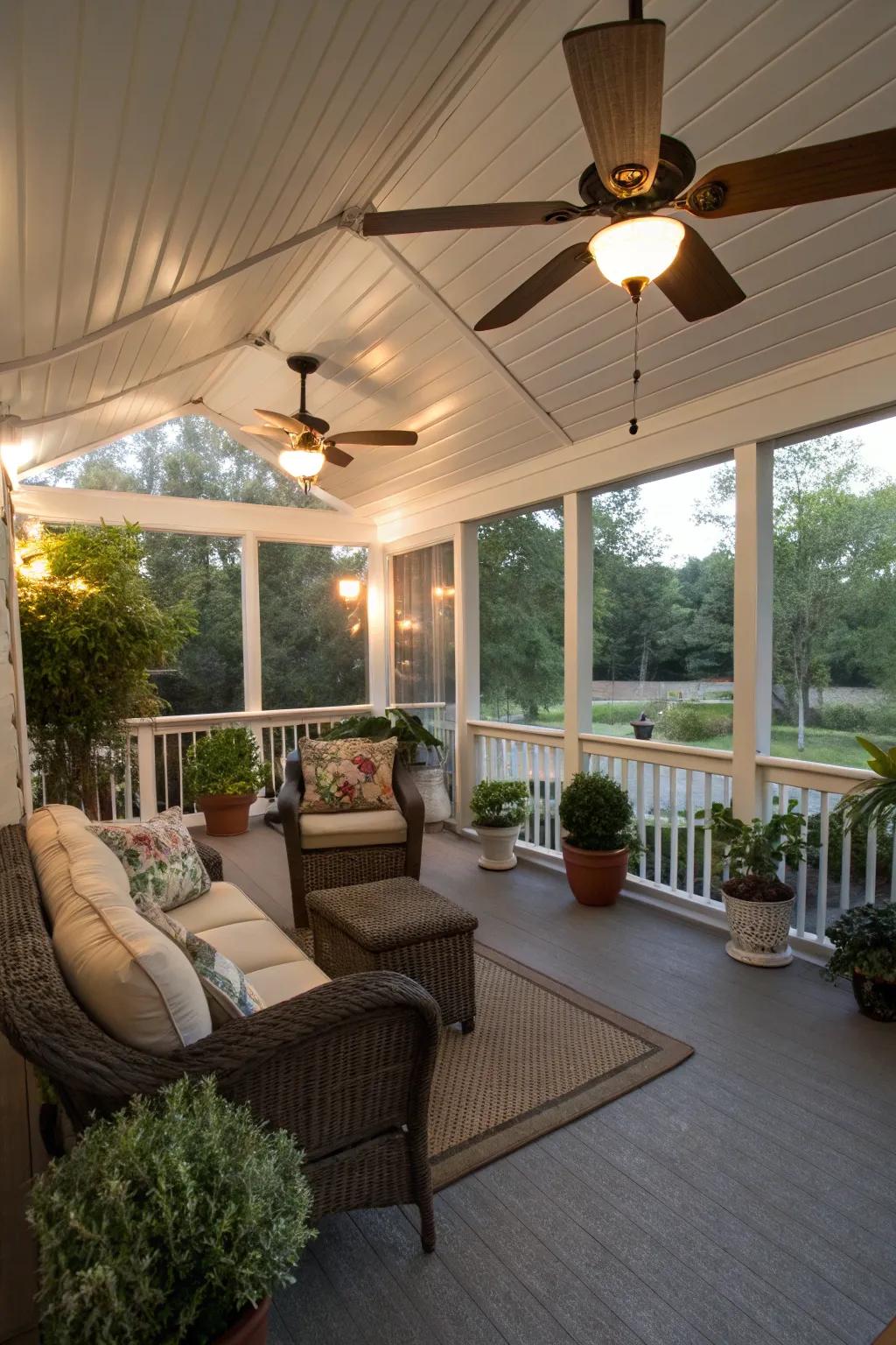 Comfortable screen porch with a functional ceiling fan.