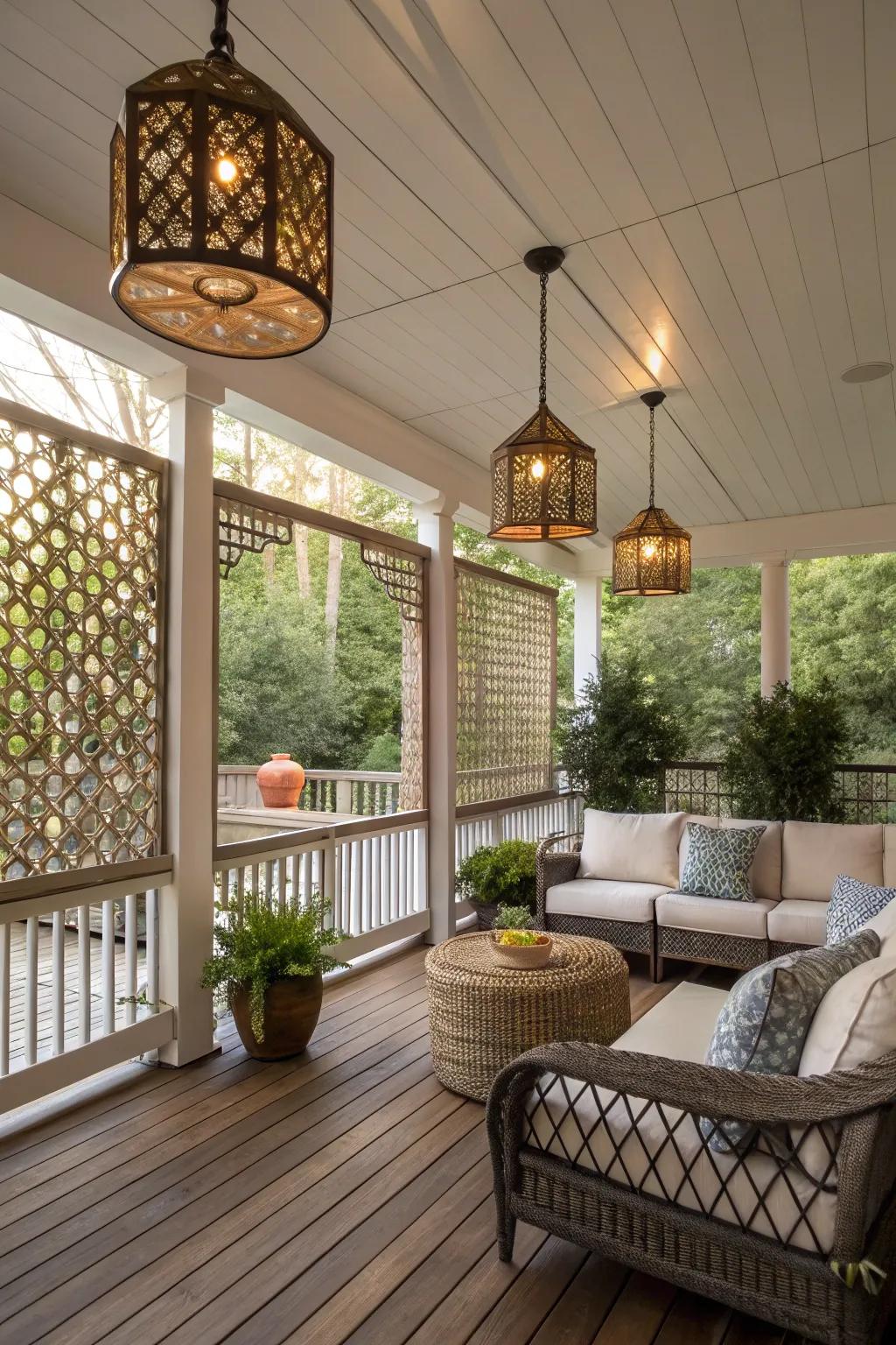 Stylish screen porch featuring elegant pendant lighting.