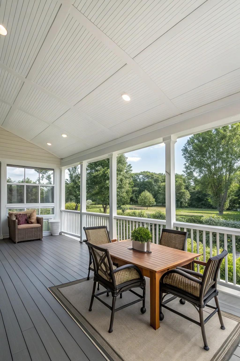 Minimalist screen porch with low-maintenance vinyl ceiling.