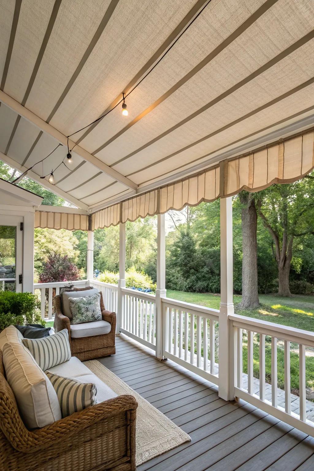 Textured screen porch ceiling with fabric and lath strips.