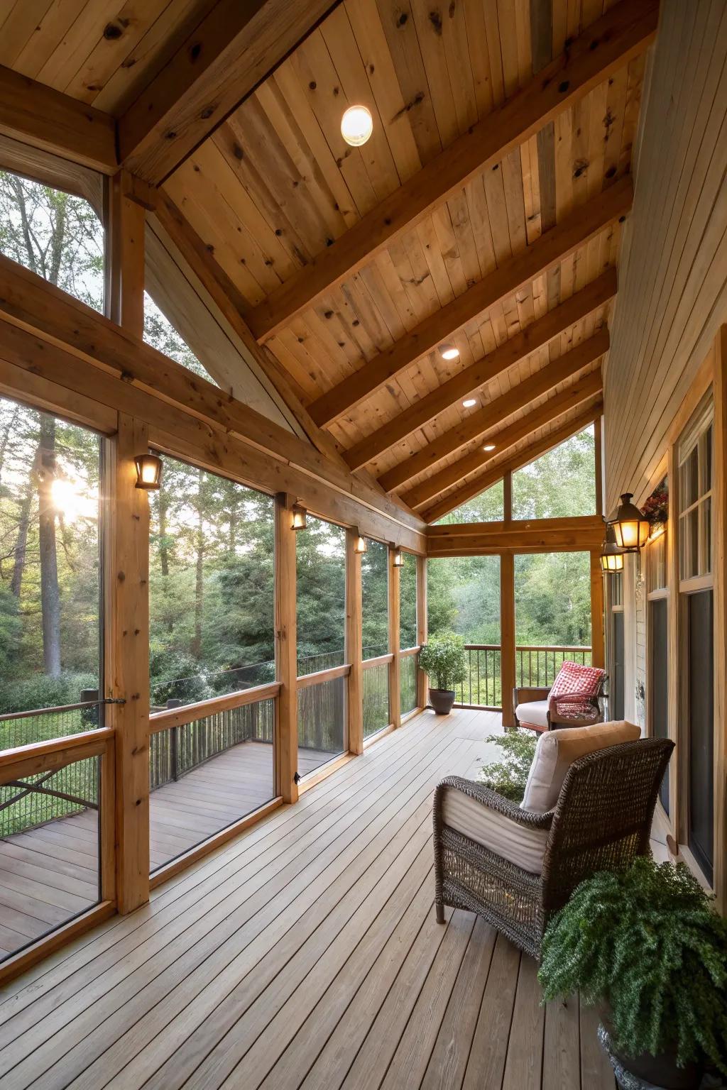 Cozy screen porch featuring exposed wooden beams.