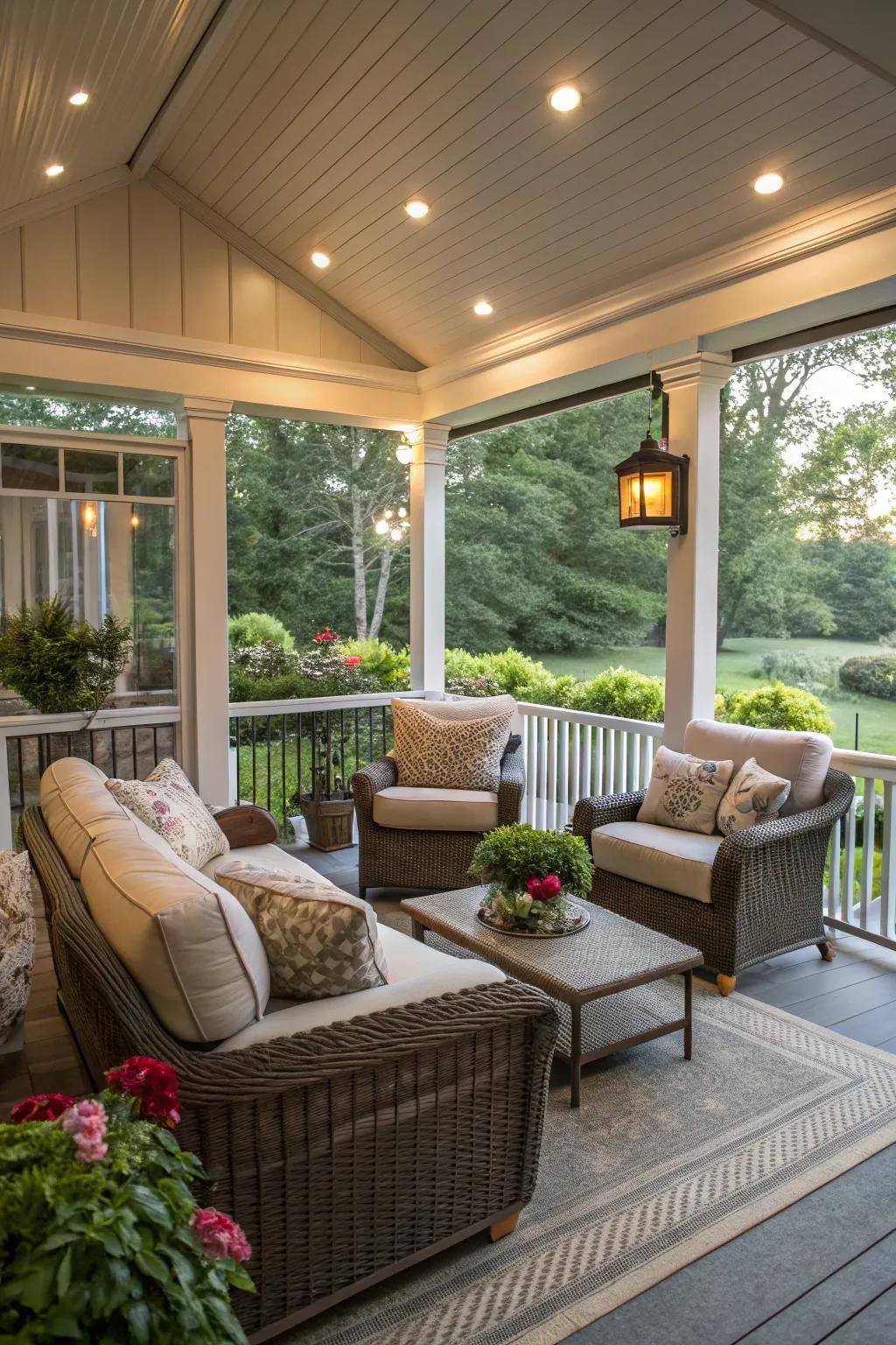 Inviting screen porch with cozy indoor-outdoor furniture.