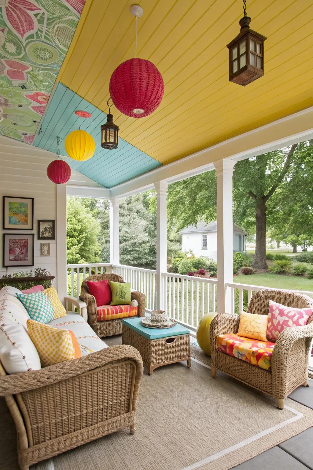 Playful screen porch with a vibrant coral ceiling.