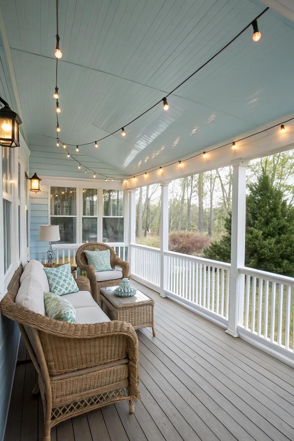 A soothing screen porch with a breezy blue painted ceiling.