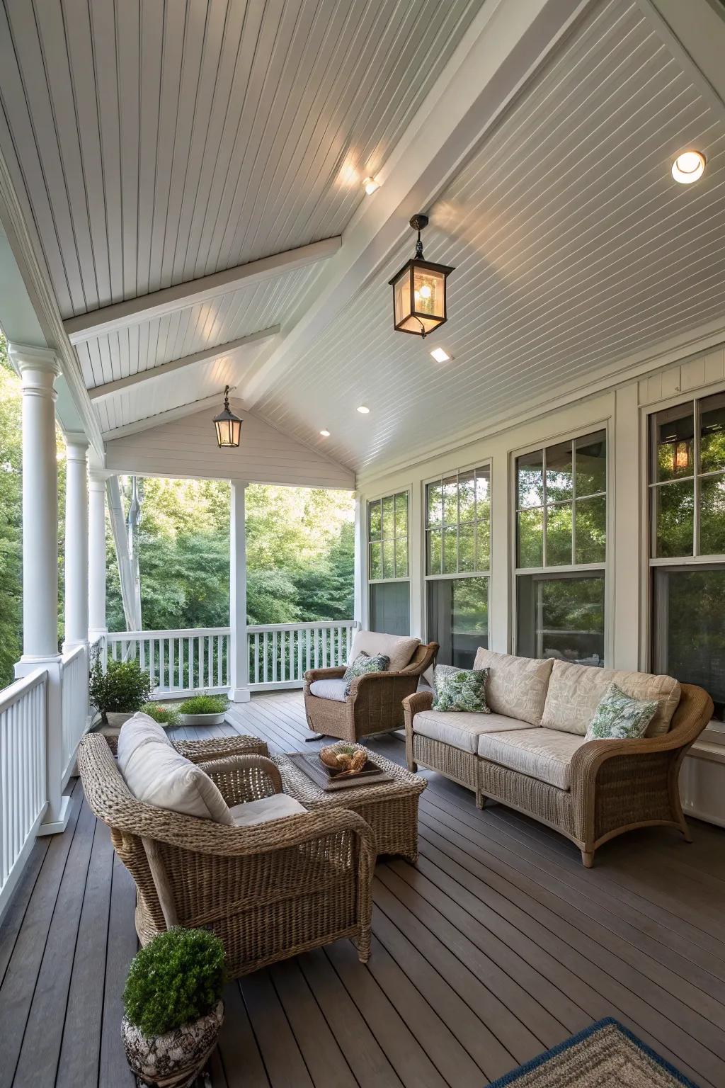 Charming screen porch with a classic beadboard ceiling.
