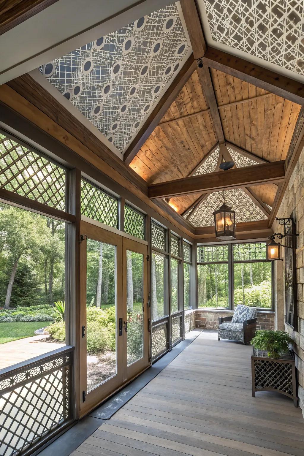 Eclectic screen porch featuring a mix of ceiling materials.