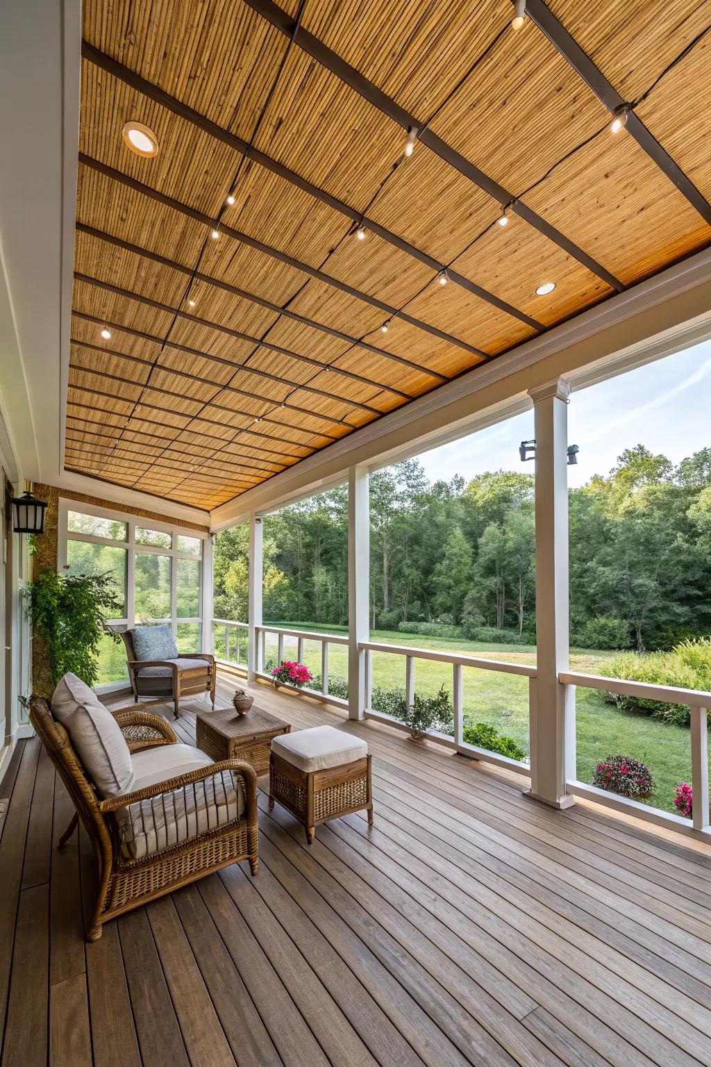 Sustainable screen porch featuring a bamboo ceiling.