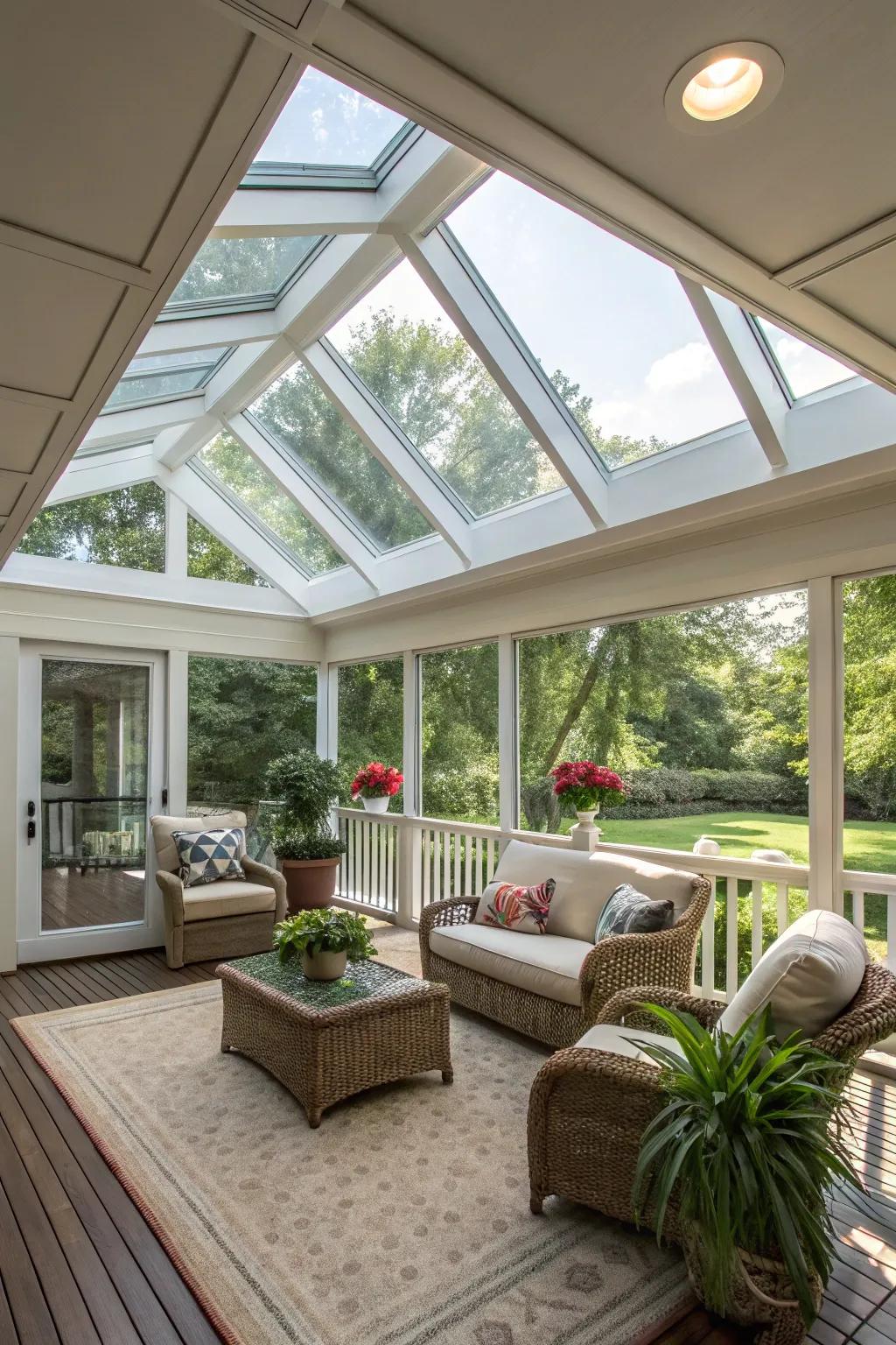 Bright screen porch with skylights for extra sunlight.