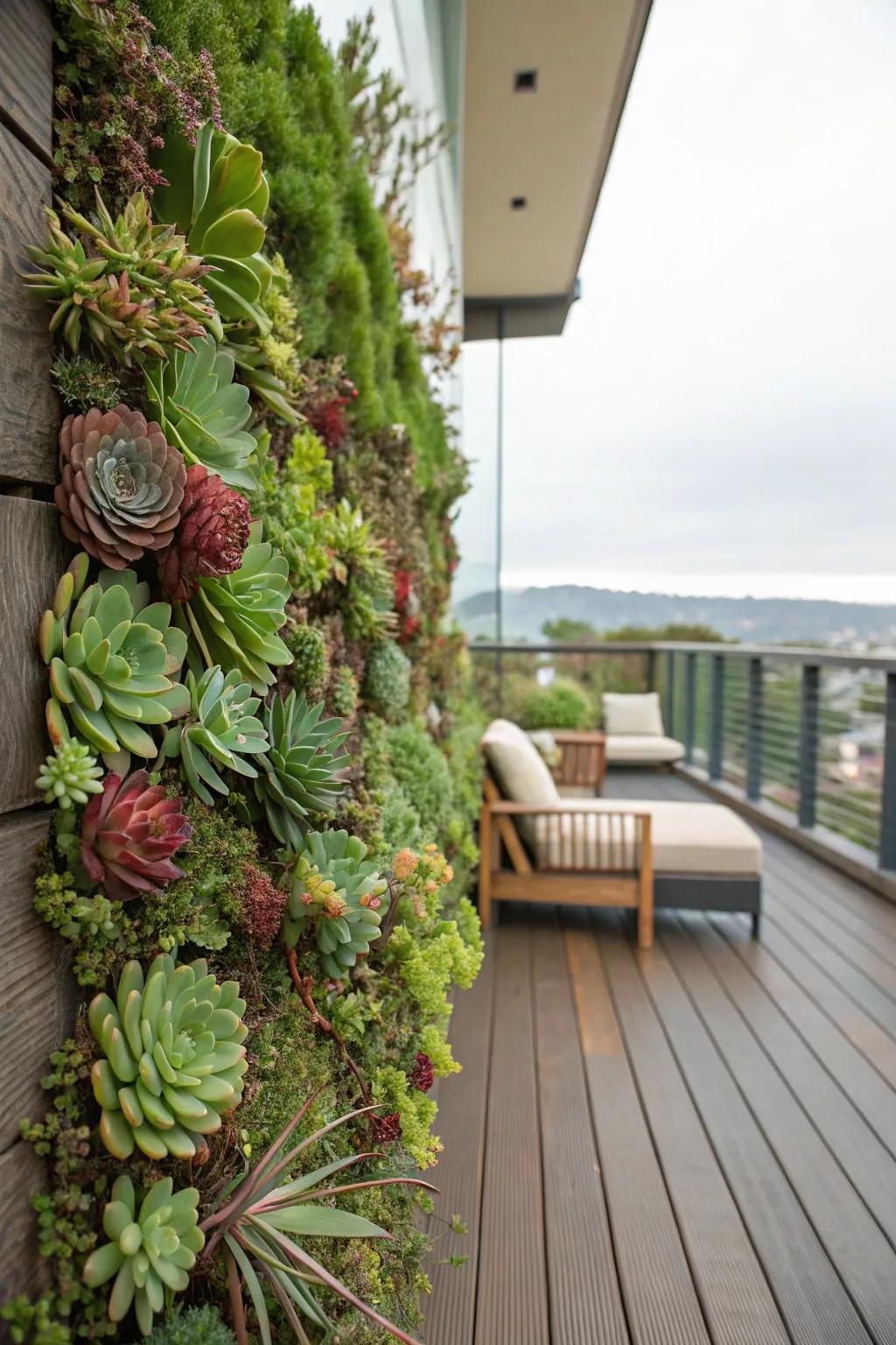 A living wall of succulents adding life and privacy.