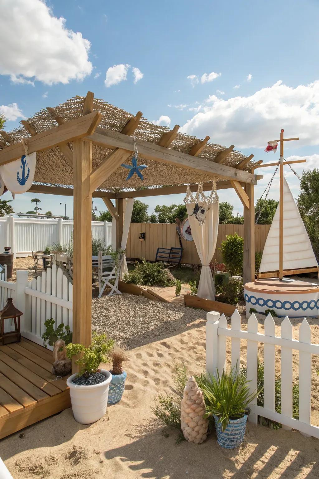 A beach-inspired pergola brings coastal charm to the backyard.