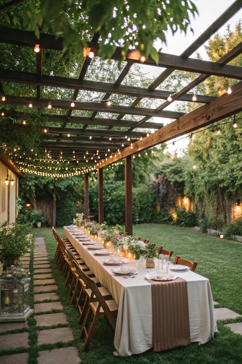 A dining pergola with string lights sets the scene for enchanting meals.