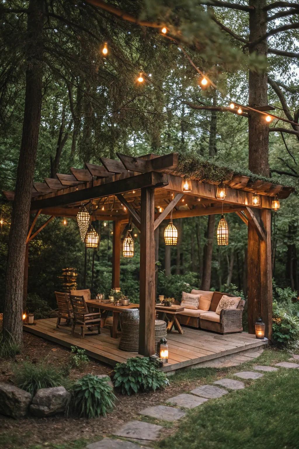 A rustic pergola with lanterns creates a warm, inviting atmosphere.