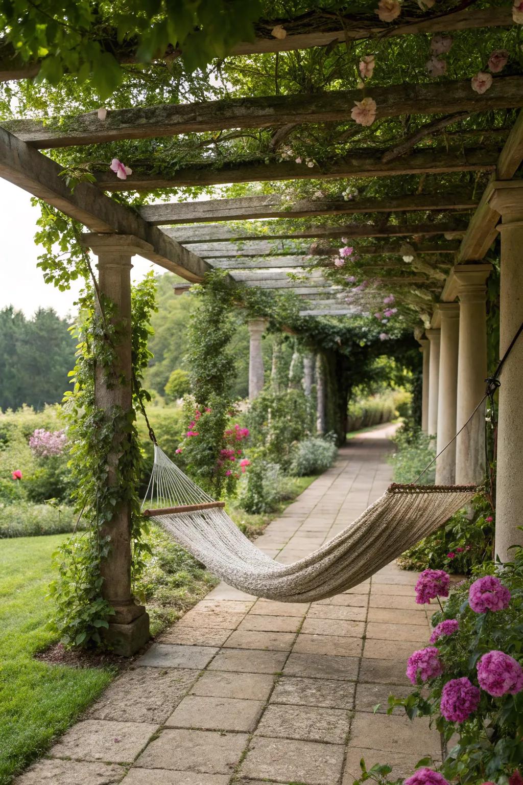 A hammock under a pergola offers a perfect relaxation spot.