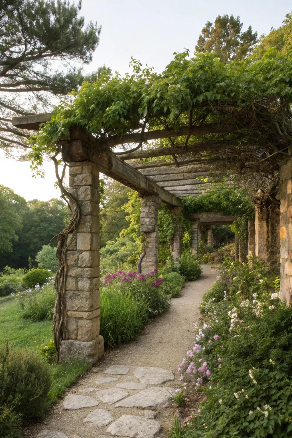 A stone pergola blends rustic charm with architectural beauty.