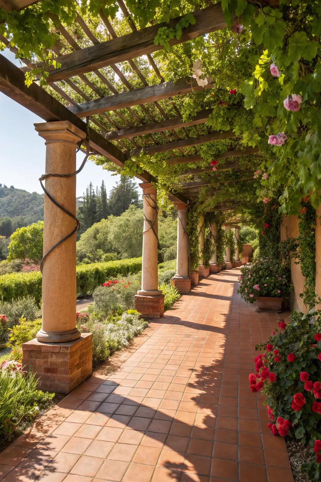 A Mediterranean-style pergola exudes elegance and charm.