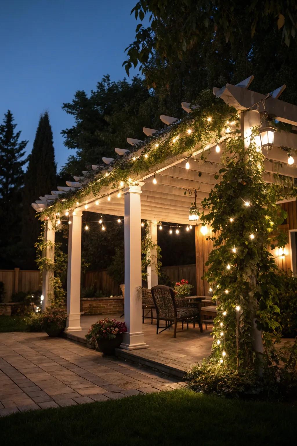 Built-in lighting enhances the pergola's ambiance for evening enjoyment.