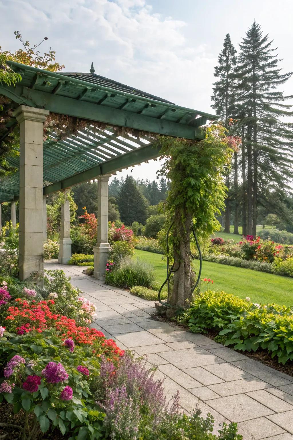 A green roof pergola supports biodiversity and offers natural shade.