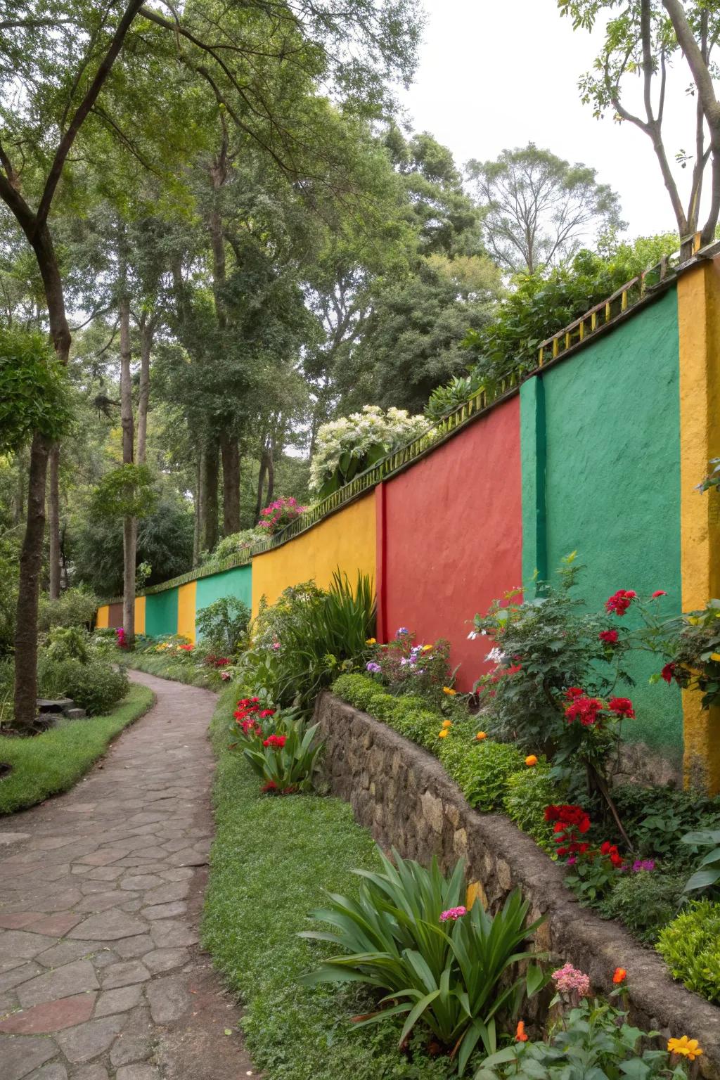 A garden wall painted in bold colors, enhancing the lush surrounding greenery.