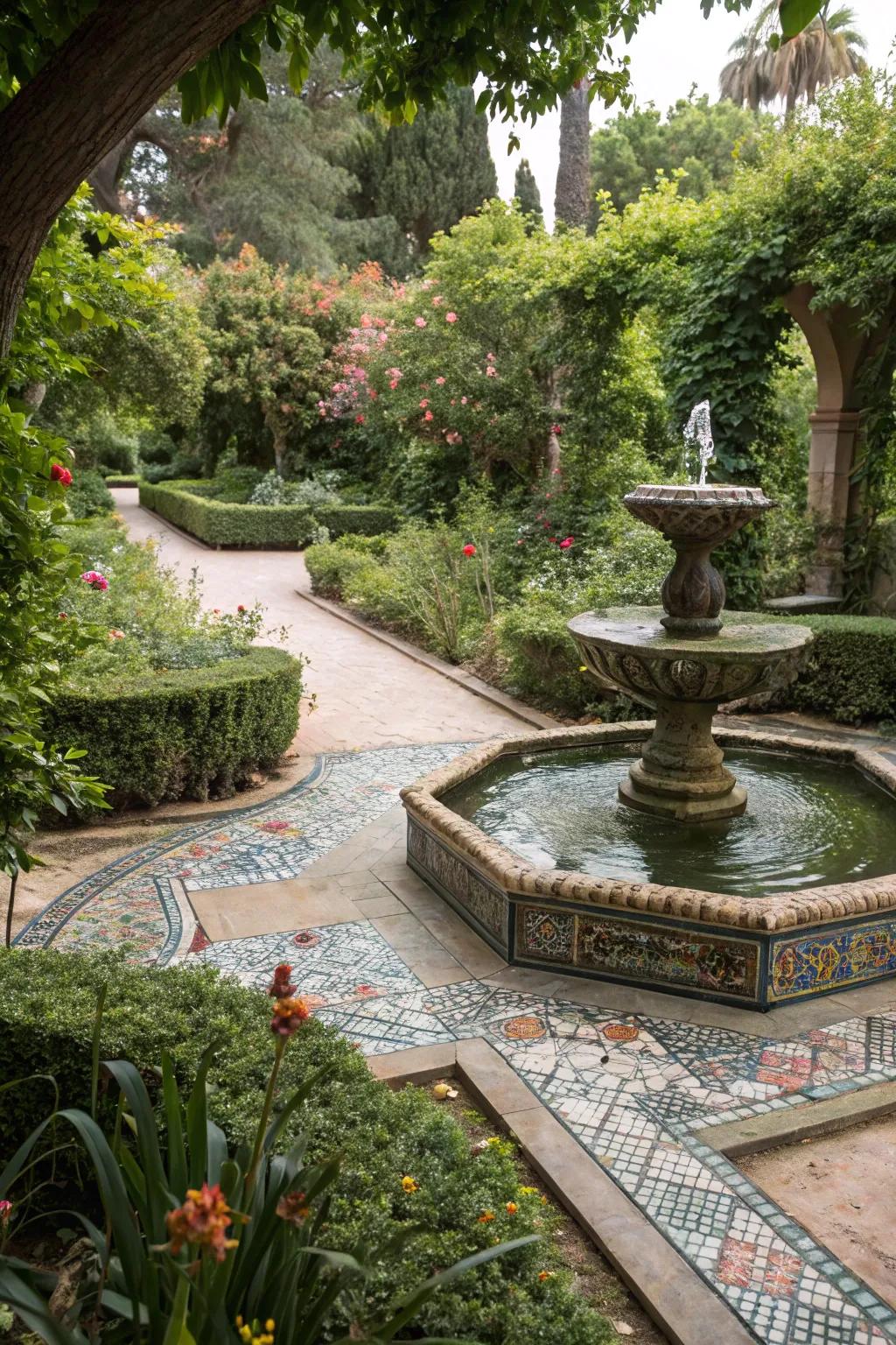 A central garden fountain surrounded by greenery and mosaic tiles, adding a soothing touch.