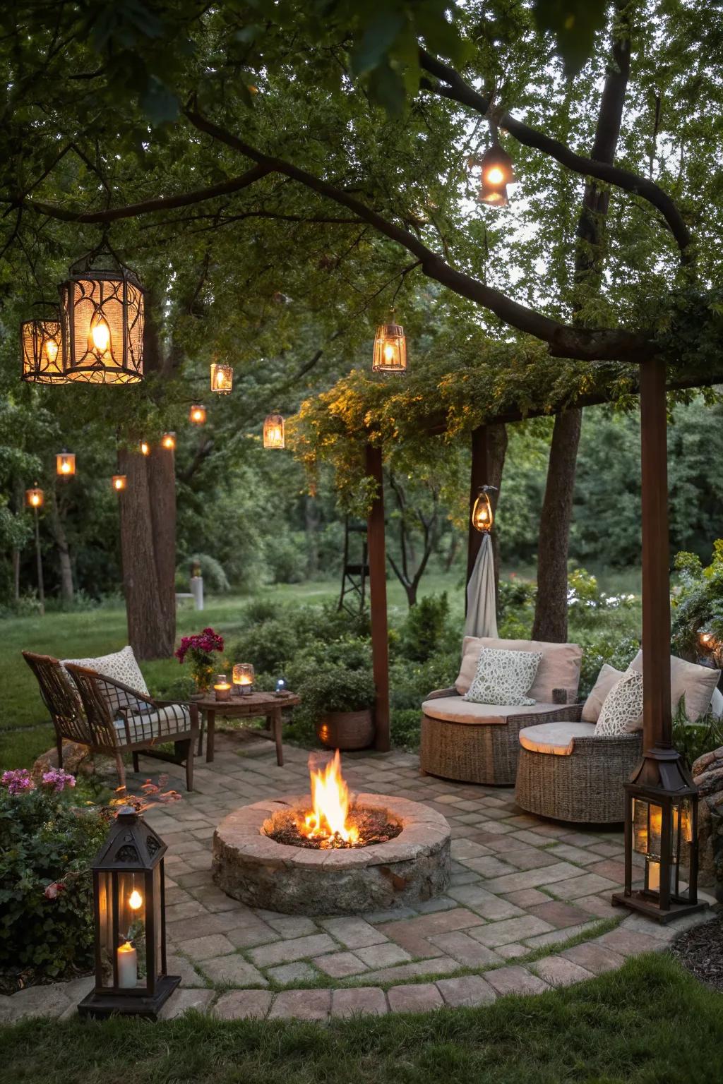 A cozy garden fire pit surrounded by seating and lanterns for evening gatherings.