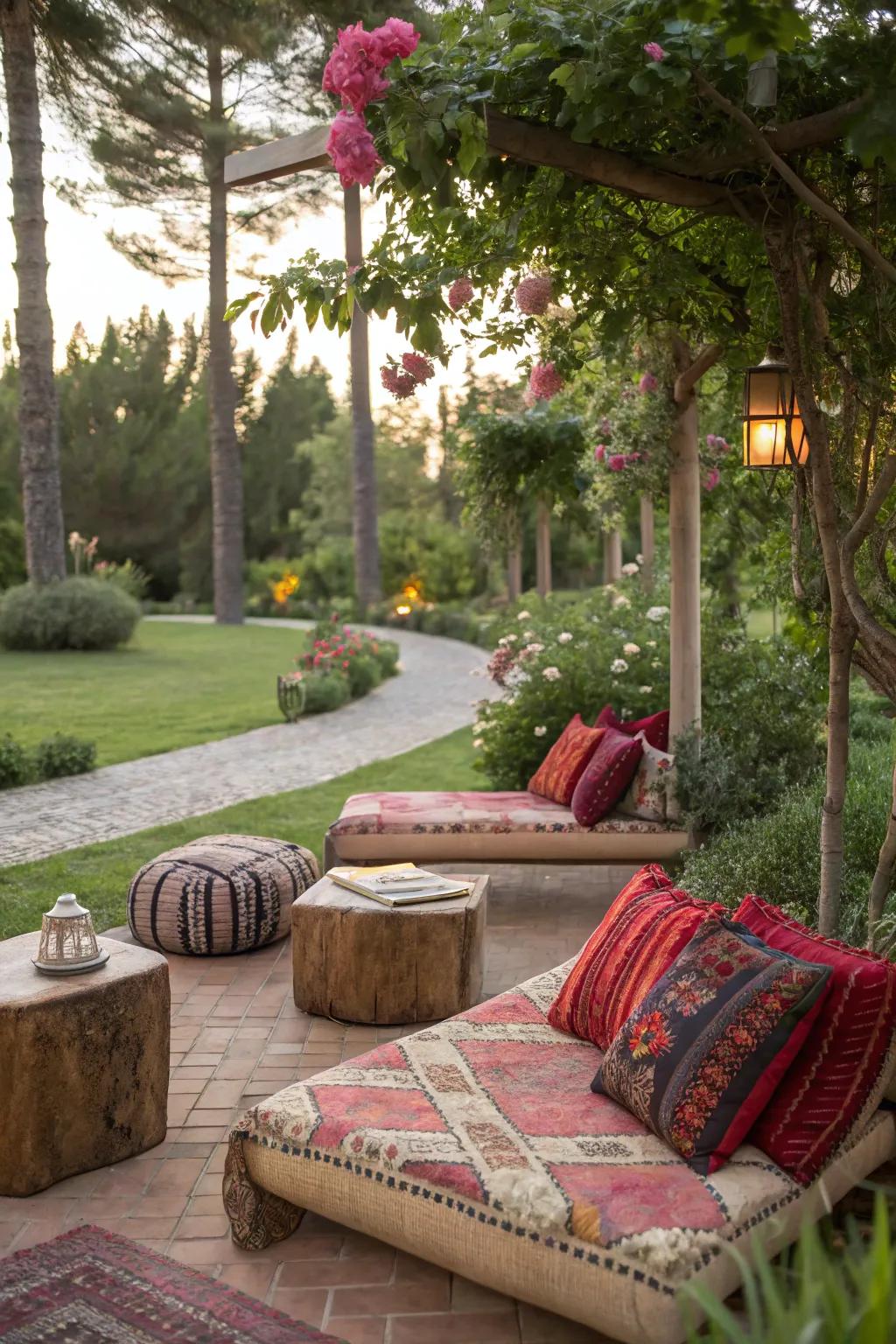 A cozy garden nook with cushioned seating, perfect for relaxation.