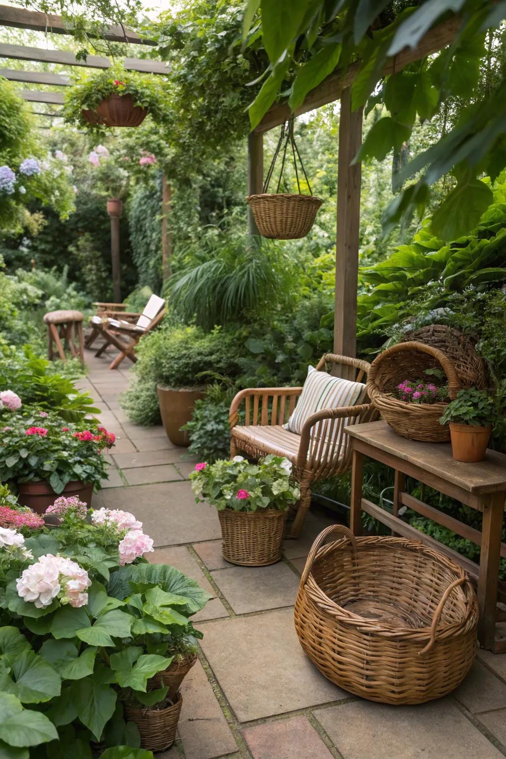 A mix of woven baskets and wooden furniture creating depth in the garden.