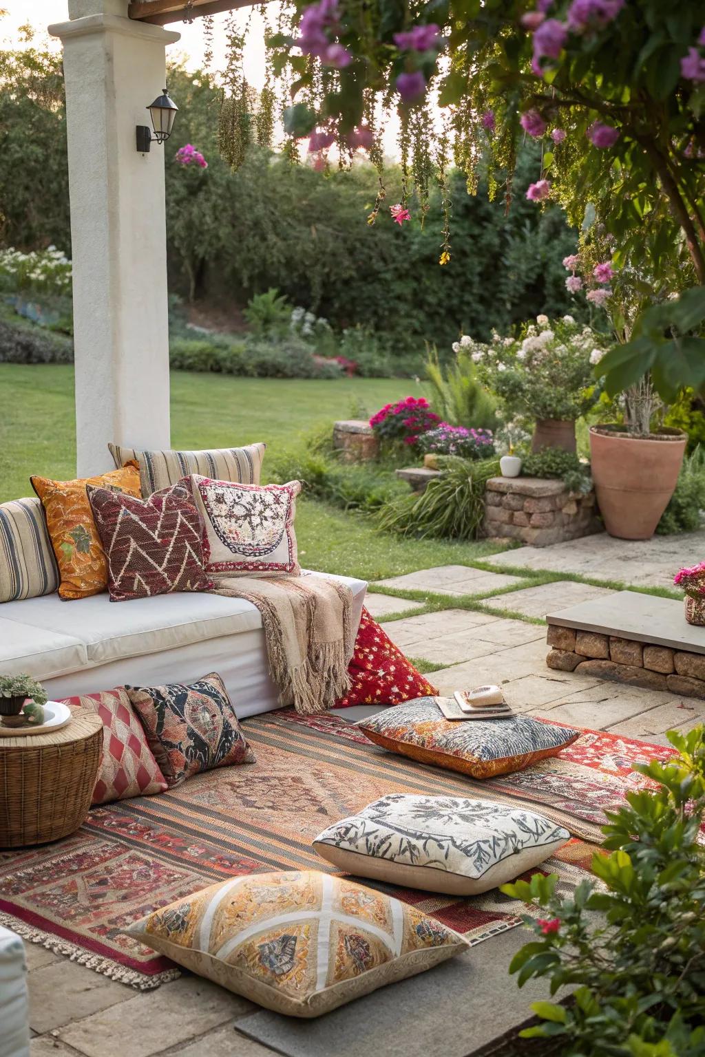 Layered rugs and patterned throw pillows creating a cozy garden seating area.