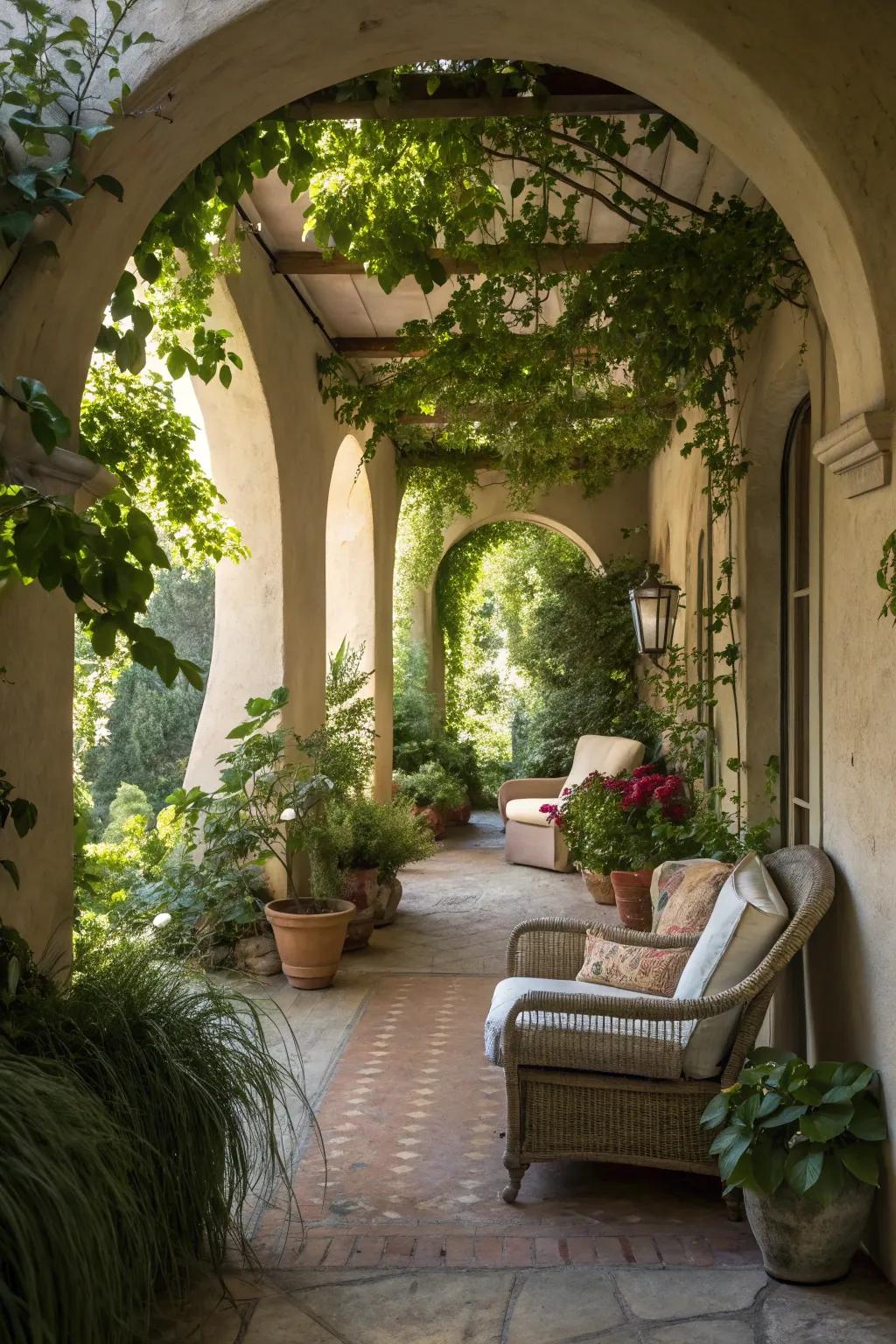 A shaded garden alcove with archways providing a private retreat.