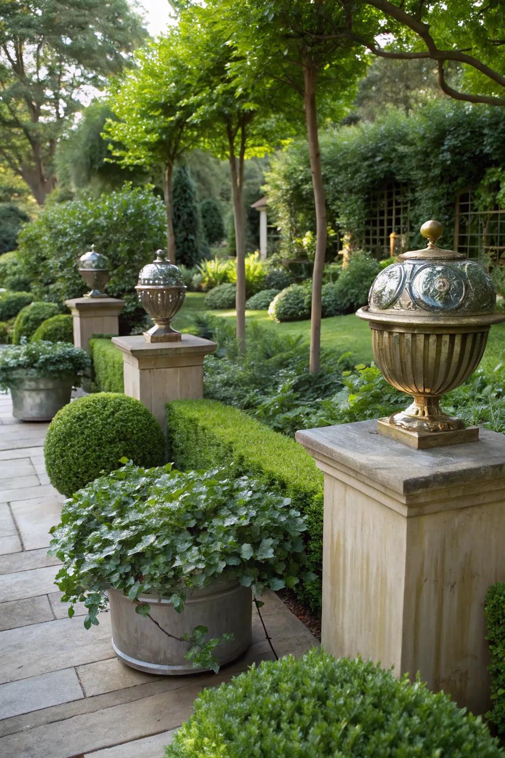 Metallic planters and ornaments adding sparkle and sophistication to the garden.