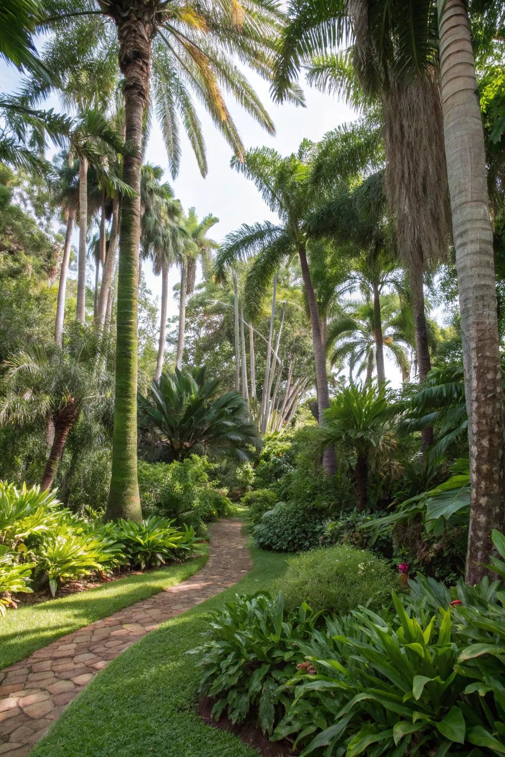 Lush tropical garden with towering palms providing shade and enhancing the tranquil vibe.