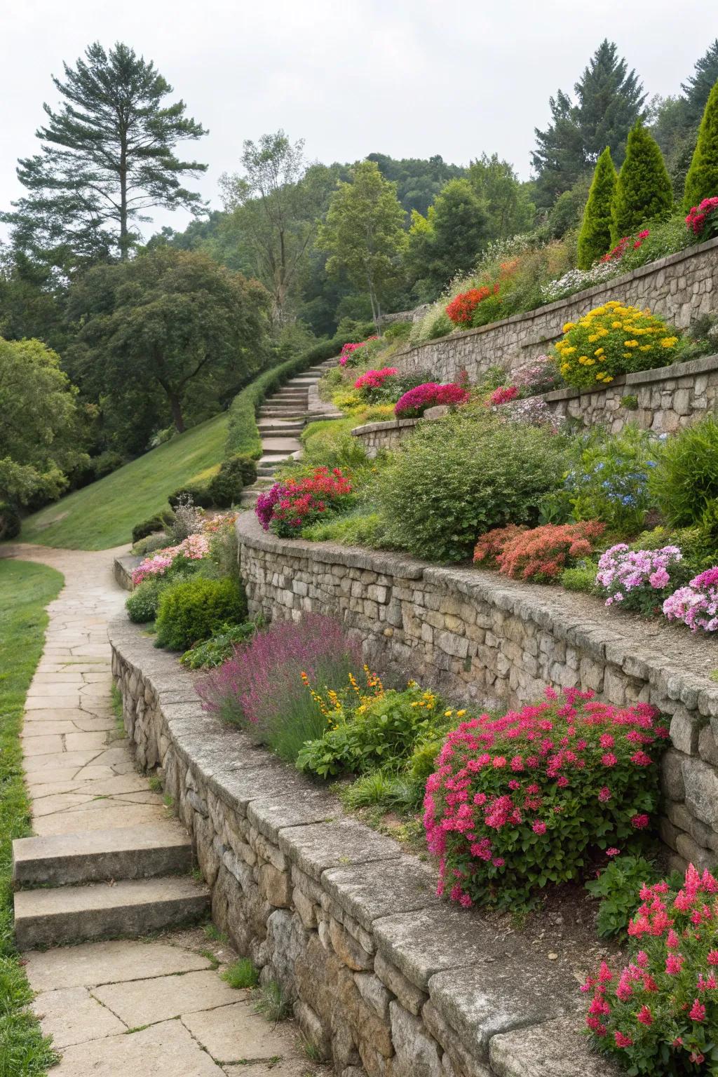 Terraced gardens add depth and dimension.