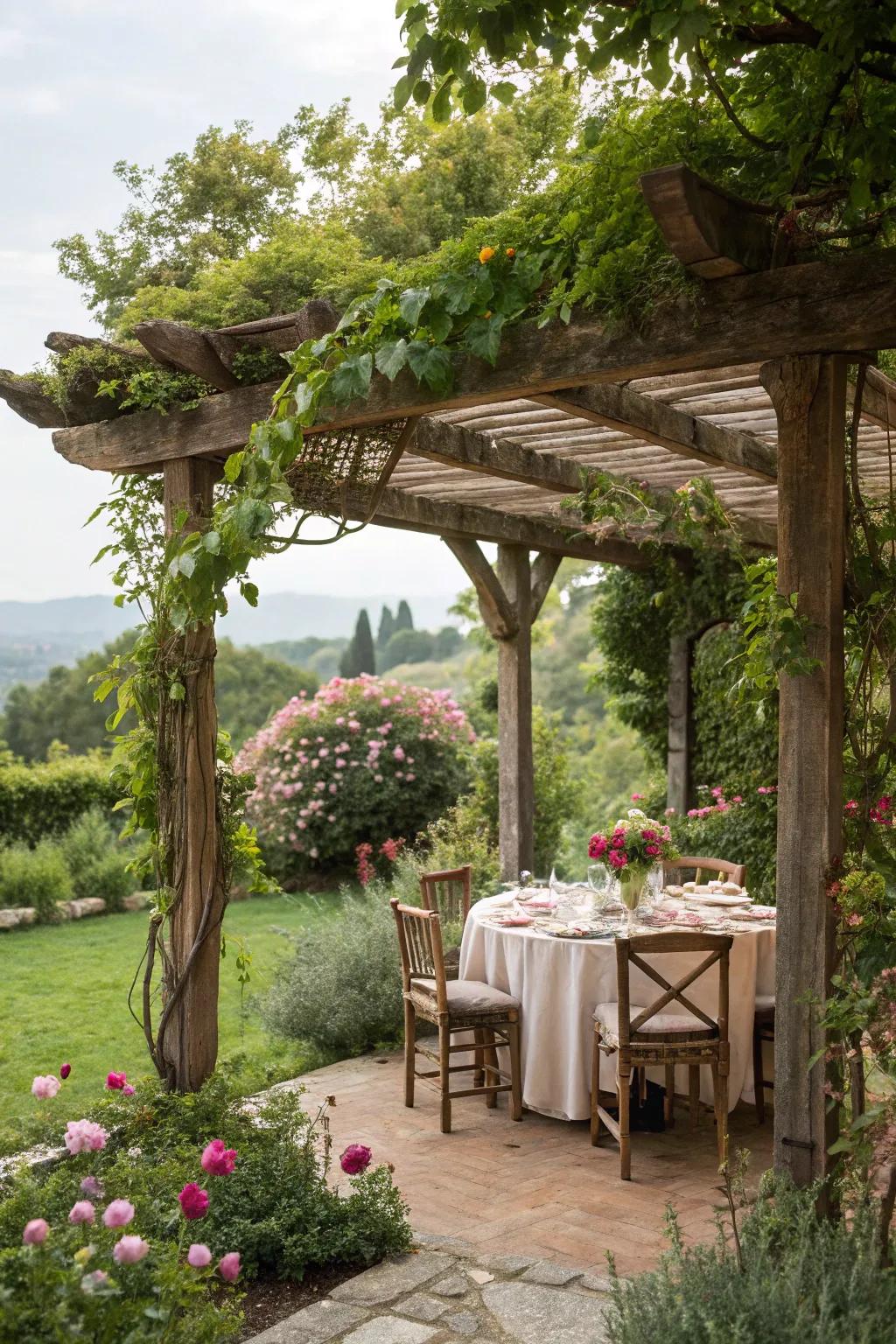 Dine alfresco under the shade of a rustic pergola.