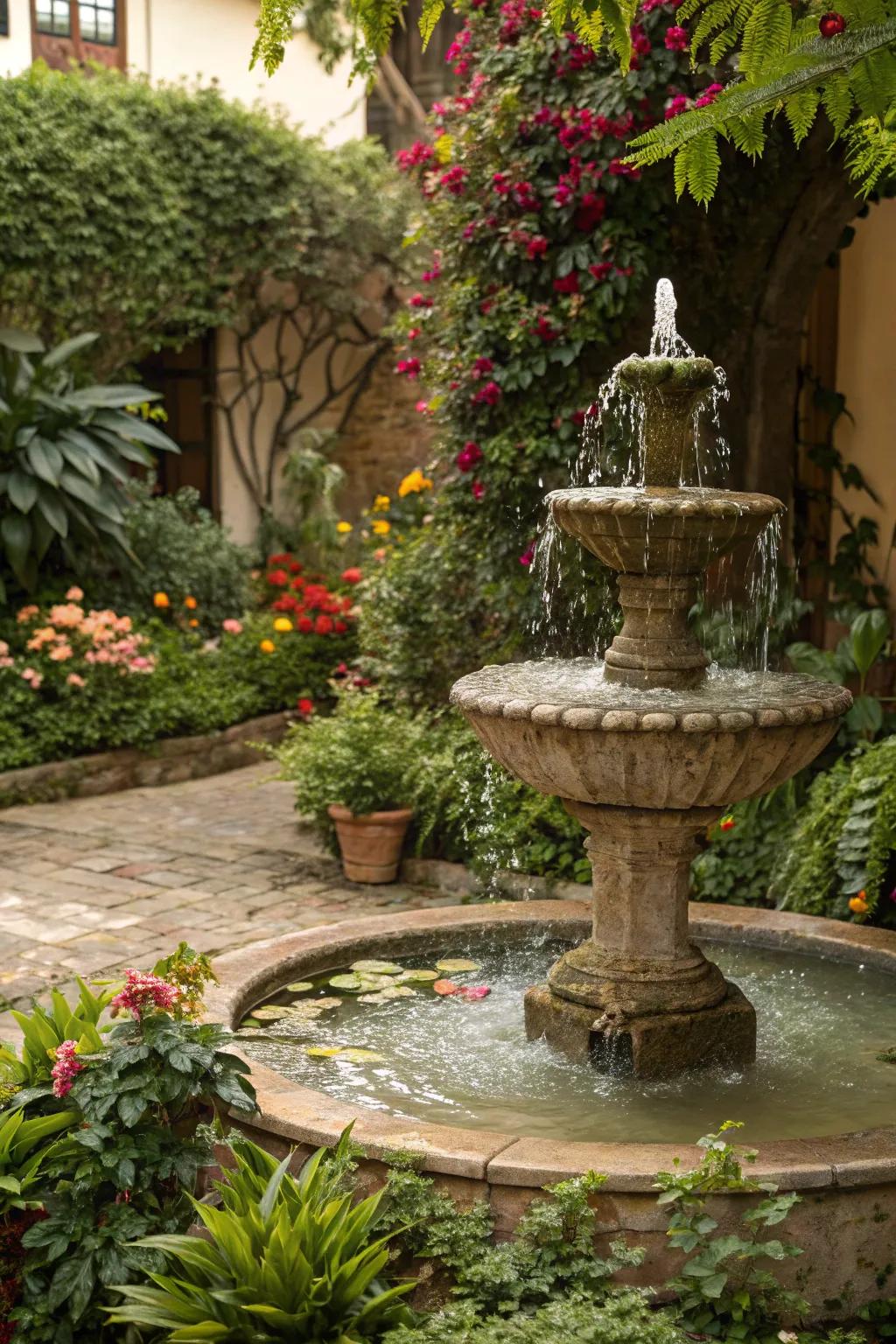 Fountains add tranquility and refreshment to the garden.