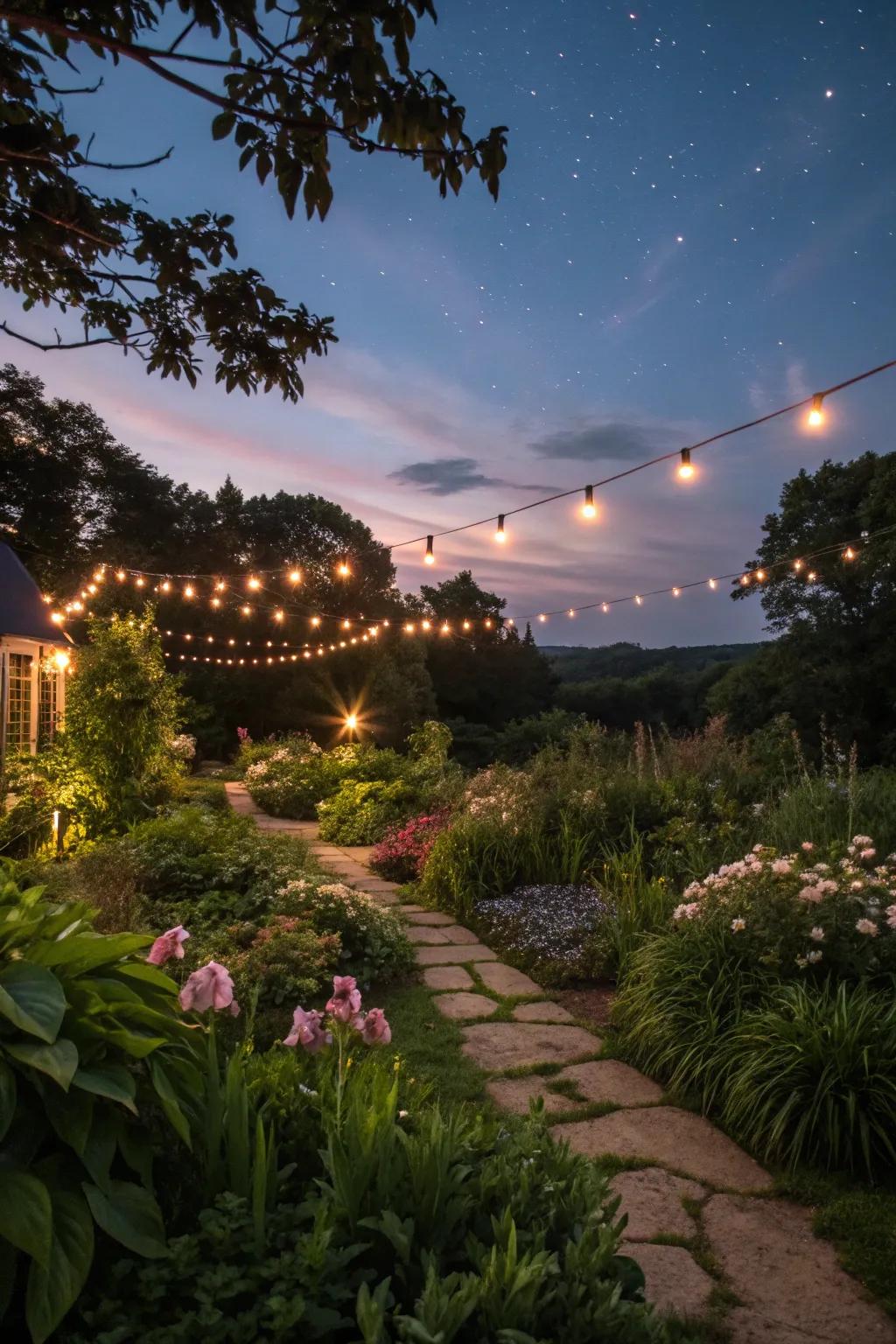 Bistro lights create a magical evening atmosphere.