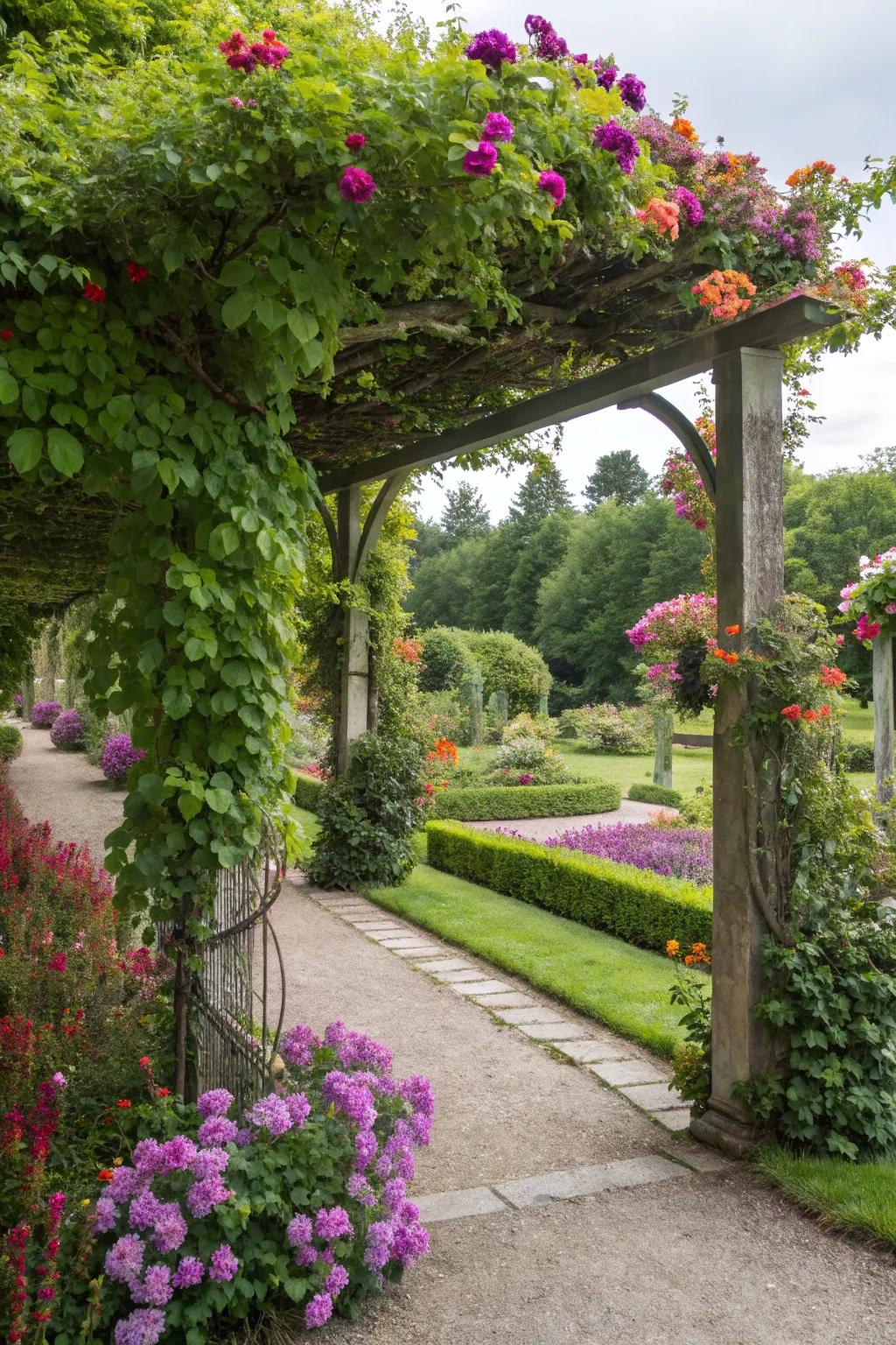 Arbors provide shade and vertical interest.