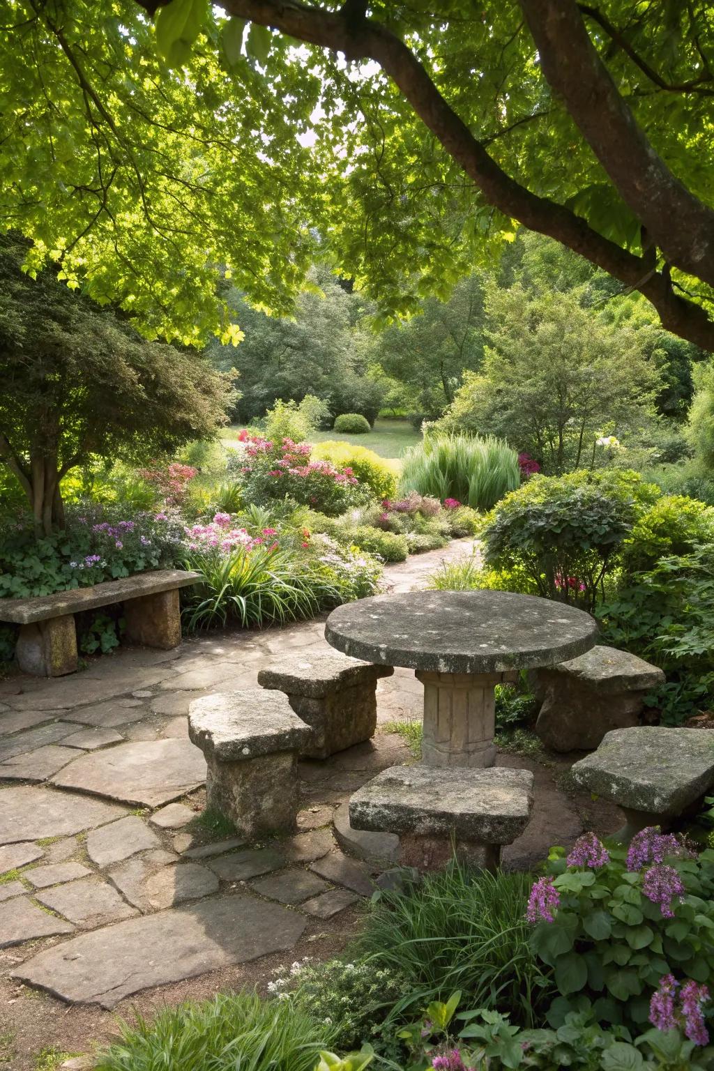 Natural stone seating is durable and stylish.