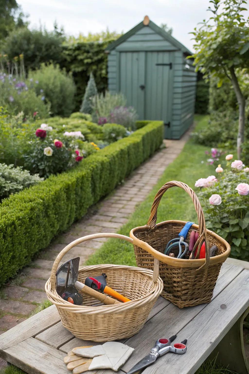 Woven baskets offer rustic storage in the garden.