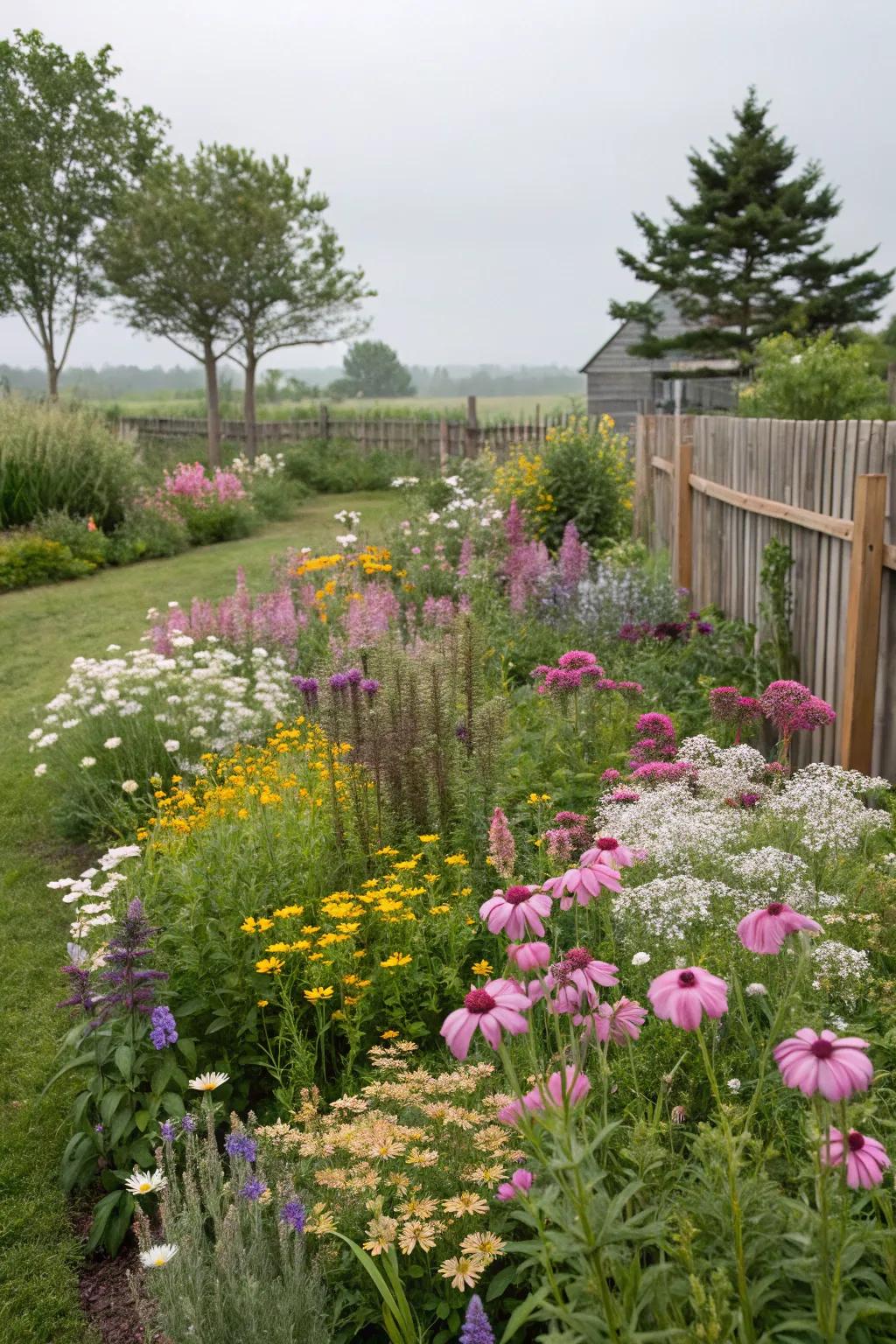 Informal flower beds provide a natural, rustic beauty.