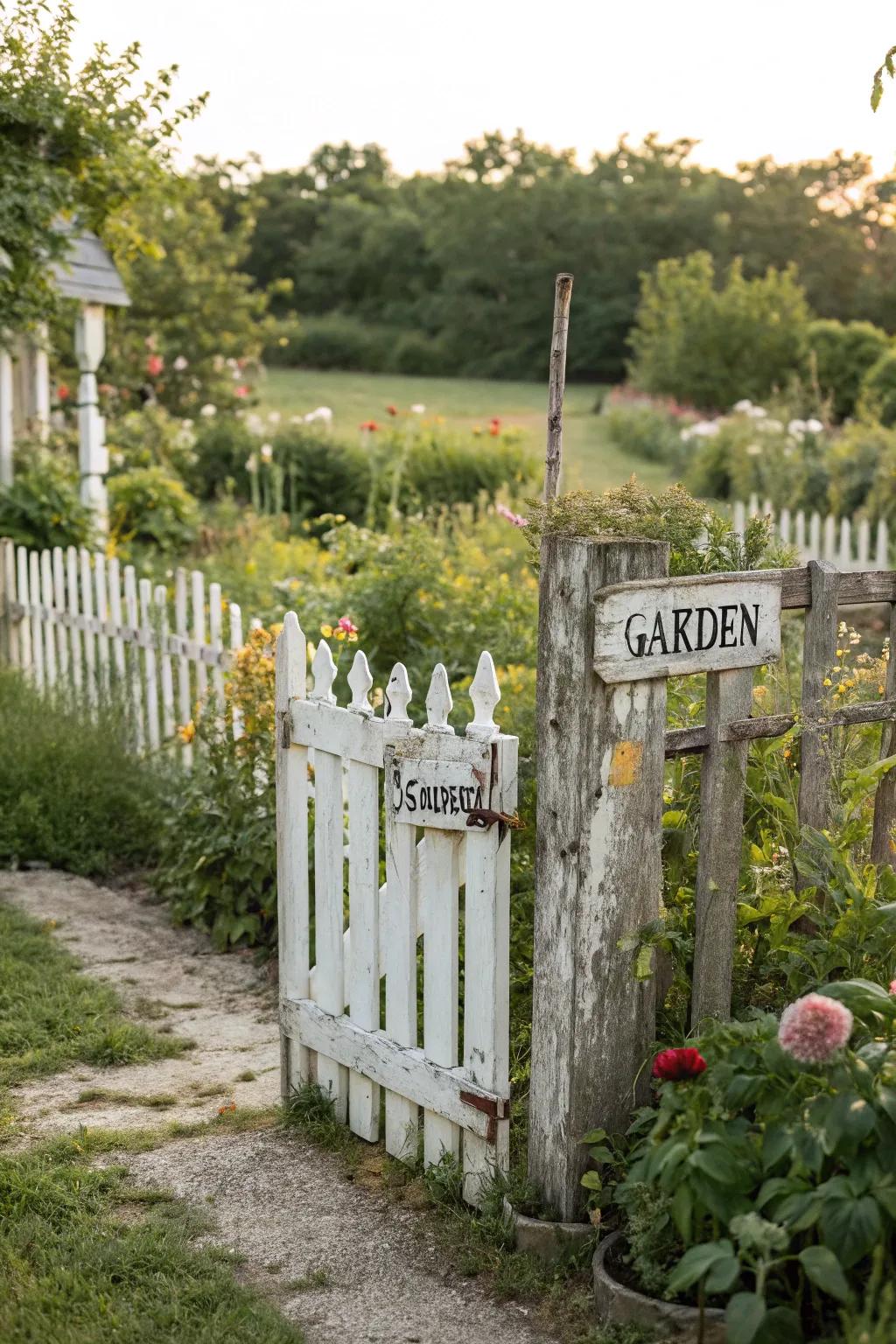 A weathered picket fence adds rustic charm to any garden.
