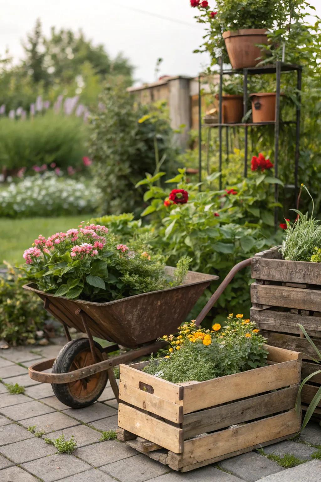 Unconventional planters like wheelbarrows add unique charm.