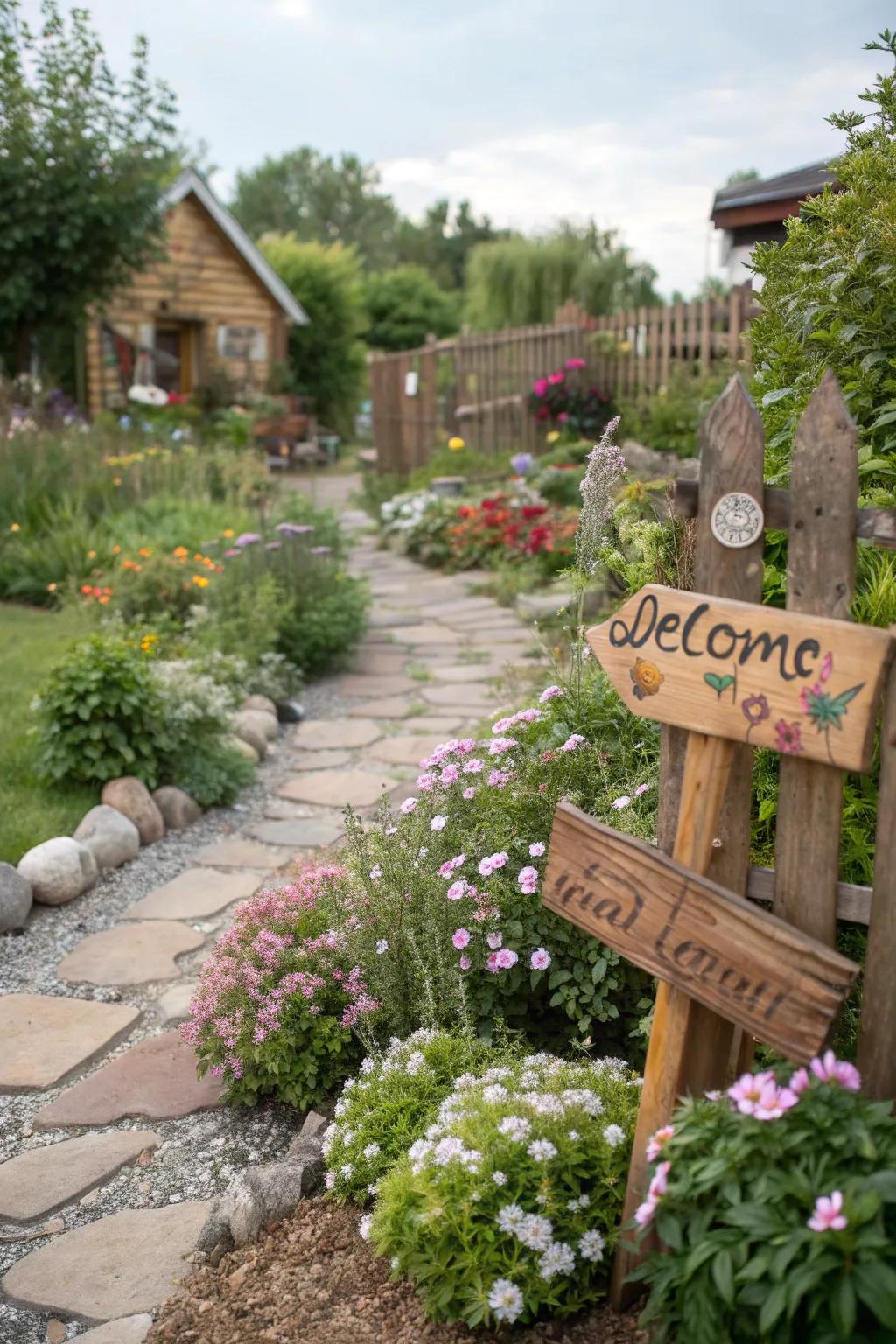 Handcrafted signs add a personal touch to the garden.