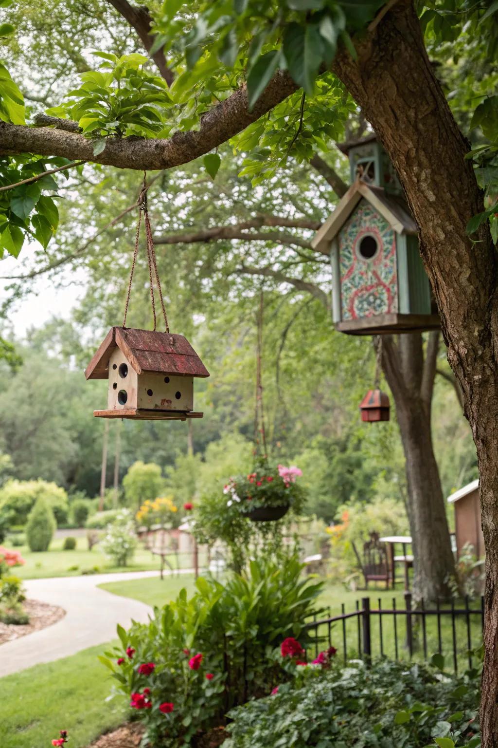 Handcrafted birdhouses enhance the garden's rustic appeal.
