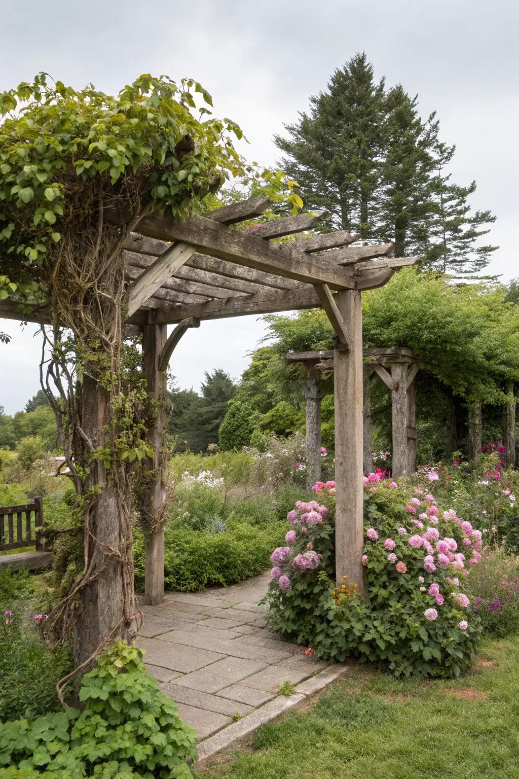 A rustic pergola provides shade and charm.