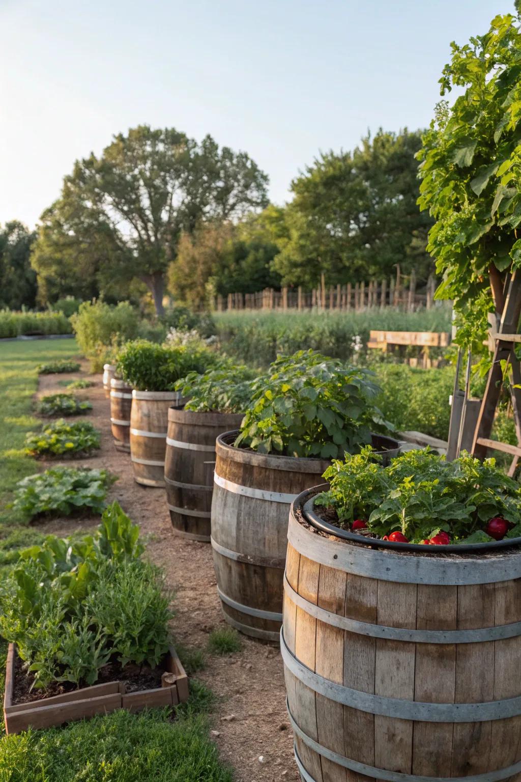 Old barrels serve as unique planters in the garden.