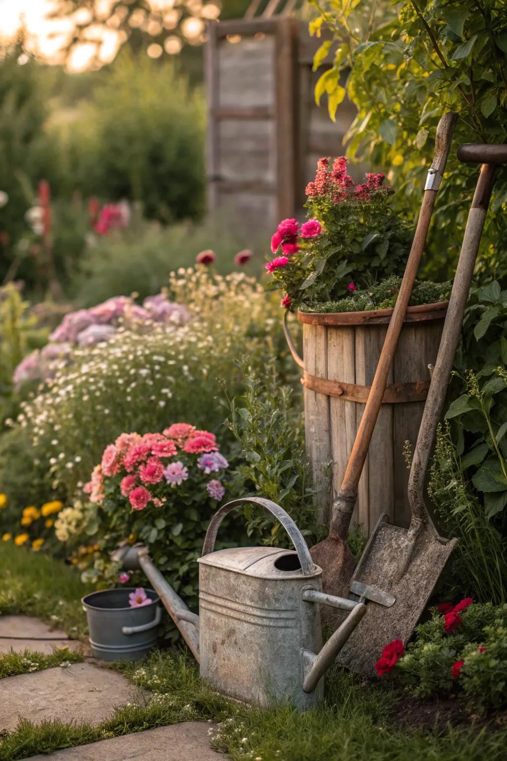 Vintage tools and watering cans bring nostalgic charm to the garden.